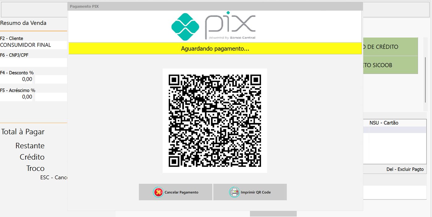 PDV do ERP Retaguarda recebendo pagamento por PIX com QR Code