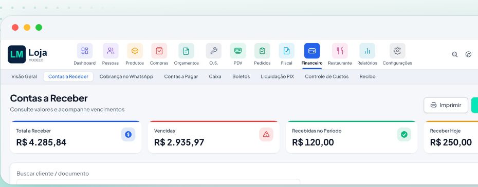 Contas a receber com total, vencidas e recebidas no período