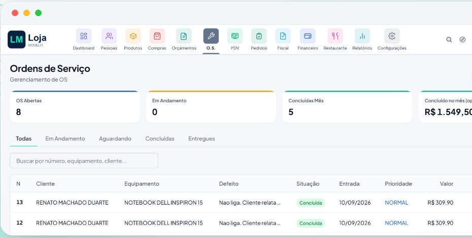 Lista de ordens de serviço com situação, prioridade e valor