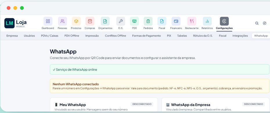 Configuração do WhatsApp no sistema, com número da empresa conectado por QR Code
